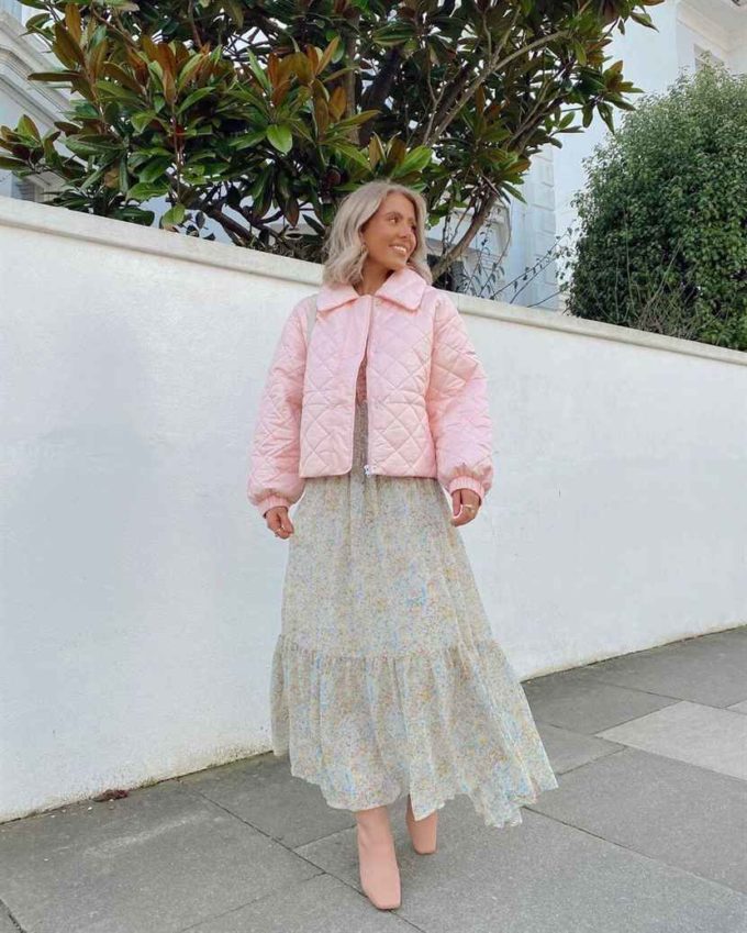 pink jacket with long dress outfit