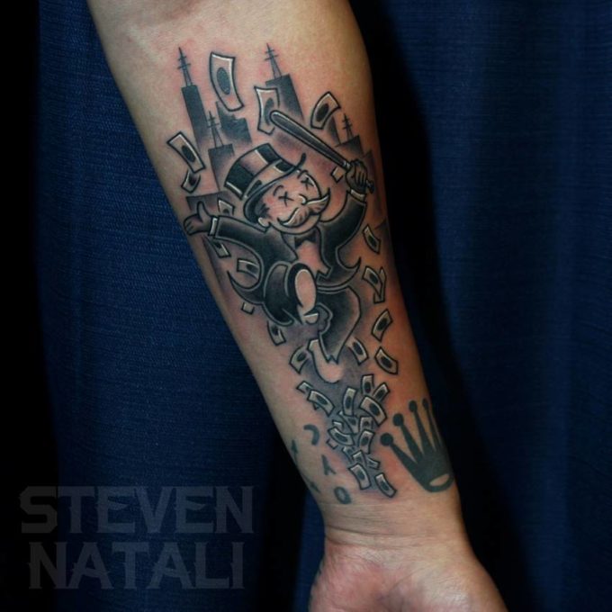 wealthy monopoly man tattoo design on forearm
