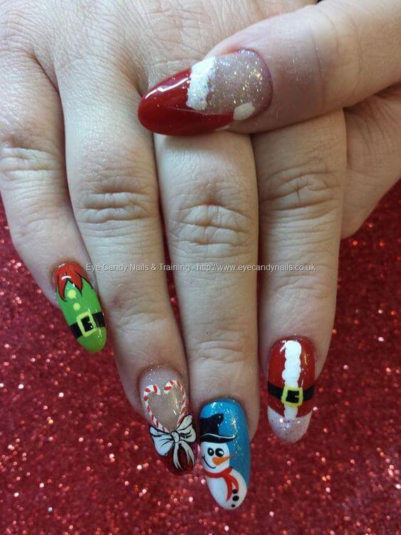 elf santa claus and snowman xmas nails design idea 