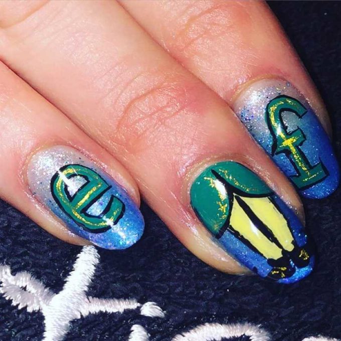 glittery blue elf nails art design idea for christmas