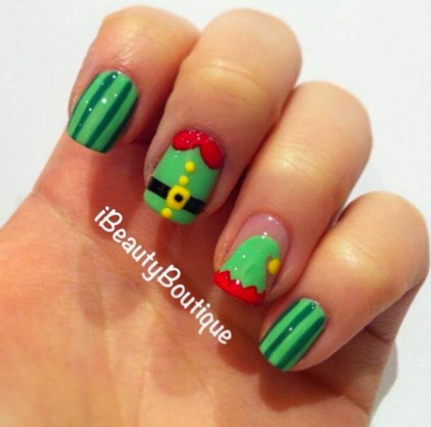 green elf cap and jacket nail art design idea