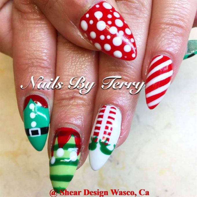 coffin green red and white elf nail art design idea for xmas