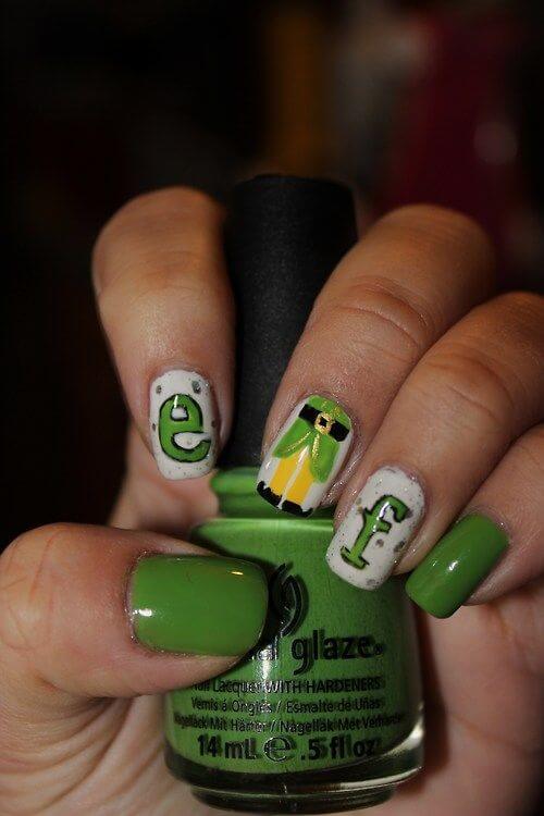 simple green and white elf name nails design idea