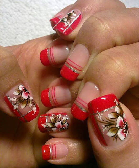 rosy pink stripes with poinsettia nail art for christmas holidays