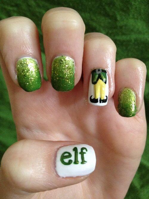 shimmery green elf nails design idea for christmas