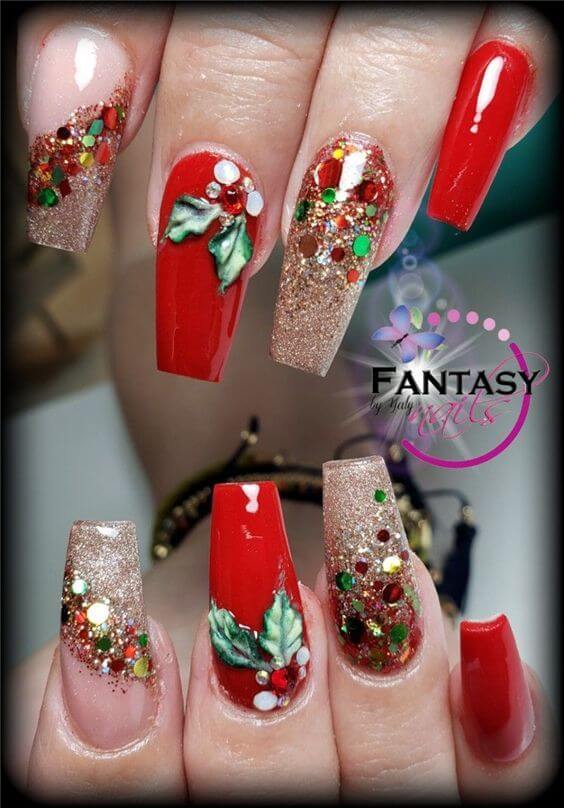 sparkling glittery 3D poinsettia nail art ideas for christmas holidays