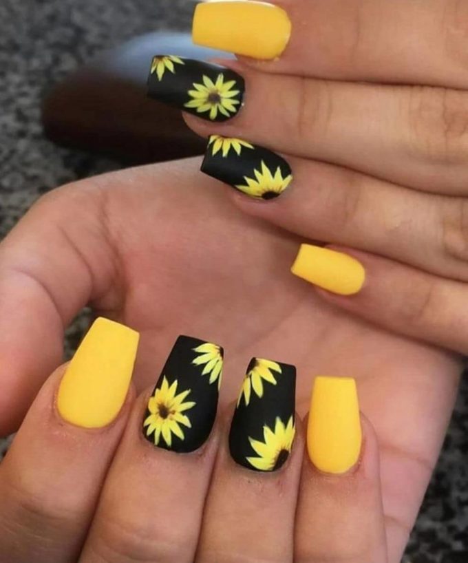 black and yellow matte sunflower nail art