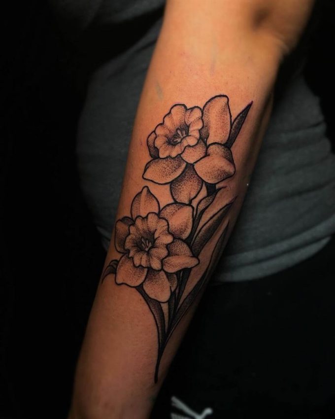 dotwork daffodil march birth flower tattoos on back forearm for women