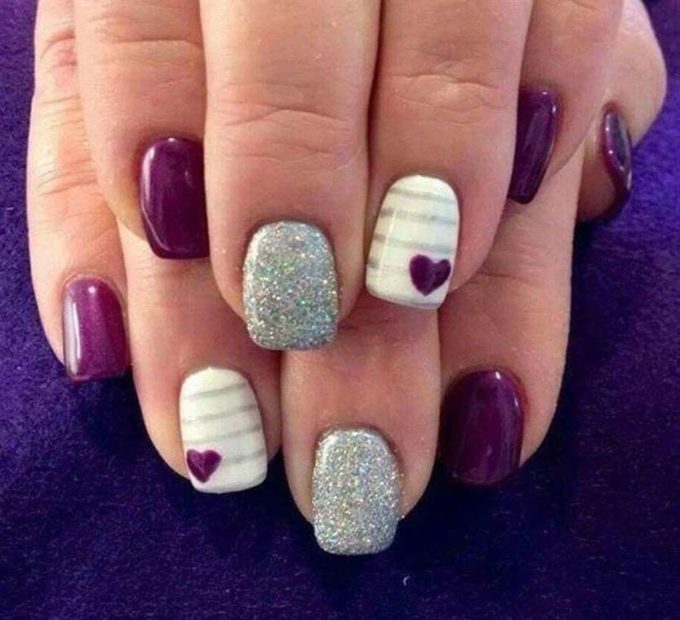white with glittery silver and dark purple nail art idea for valentines day