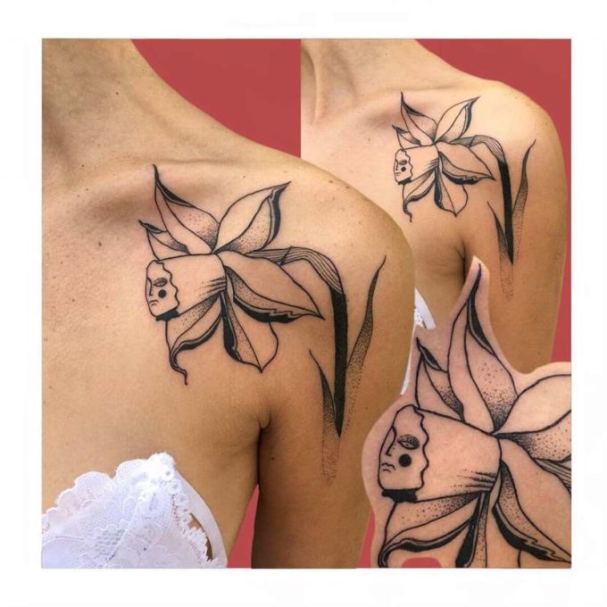 dotwork narcissus daffodil march birth flower tattoo design idea for females