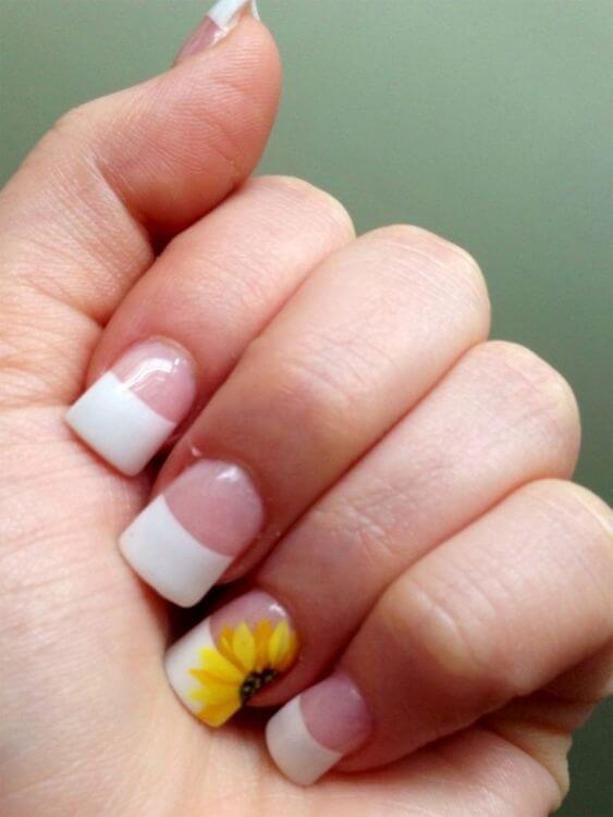 french tips with sunflower nail design idea for spring-summer season