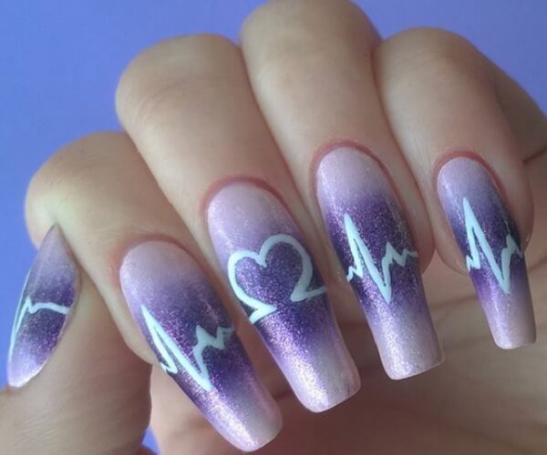 long acrylic coffin glittery purple heartbeat nail art for valentines day