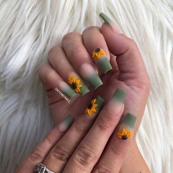 long acrylic coffon ombre with sunflowers nails