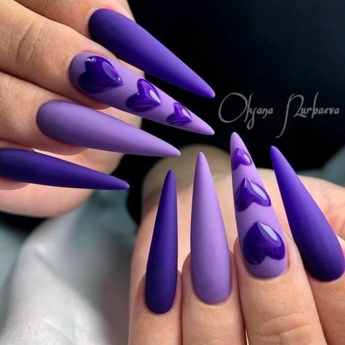 matte stiletto shiny hearts iris purple nail art for valentines day
