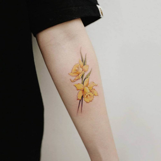 delicate daffodils march birth flower tattoo designs on girl forearm