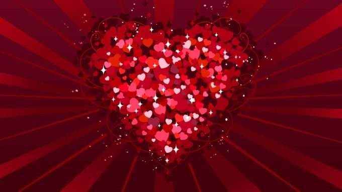 valentines day big heart made of small hearts wallpaper with disco lights beam background