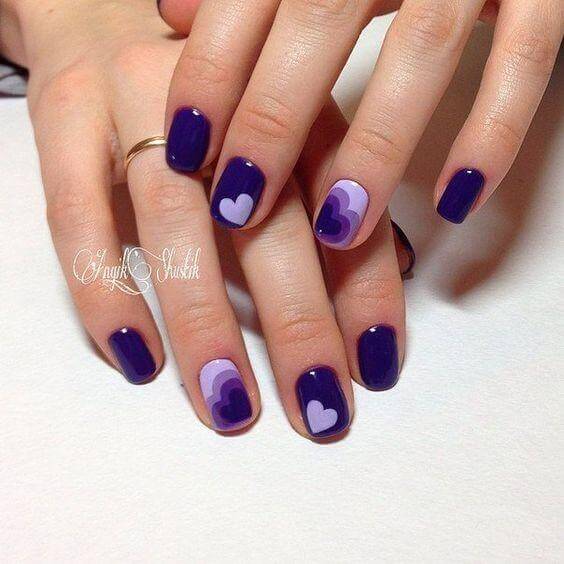 deep purple gradient hearts nail art design idea for valentines day