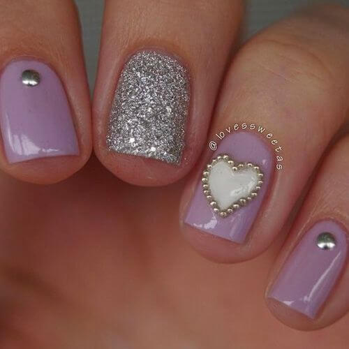 glittery silver with thistle purple nail art design idea for valentines day