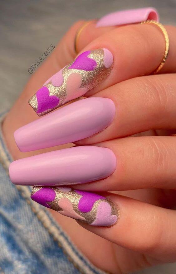 long glittery golden with hearts and lilac purple acrylic coffin nail art idea for valentines day
