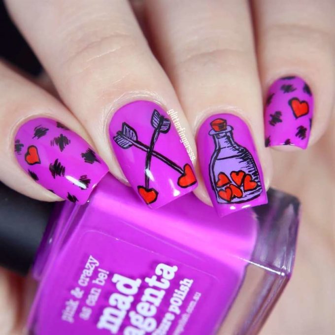 magenta nails with stamping idea for valentines day