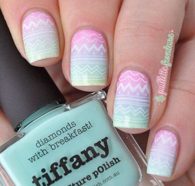 pastel pink to blue gradient easter egg pattern nails art