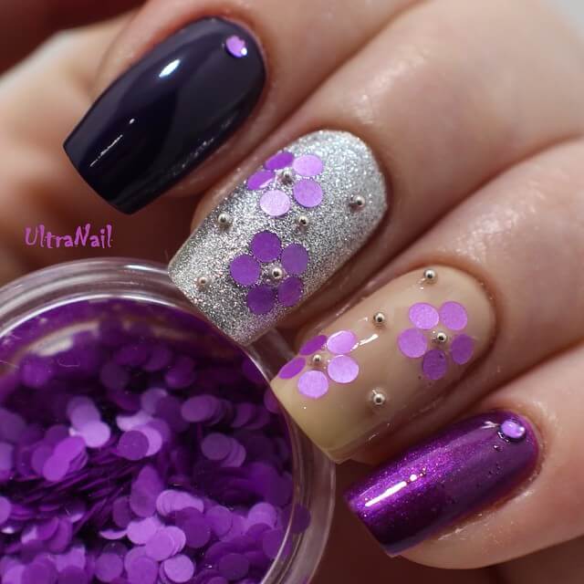 black-beige and glittery silver with purple flower nails ideas for valentines day