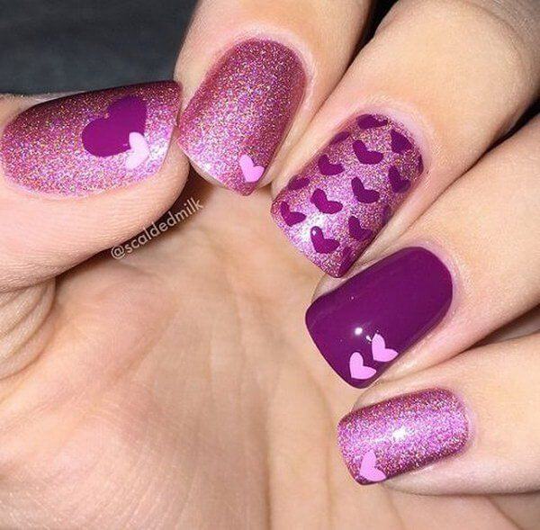 glittery purple hearts nail art design idea for valentines day