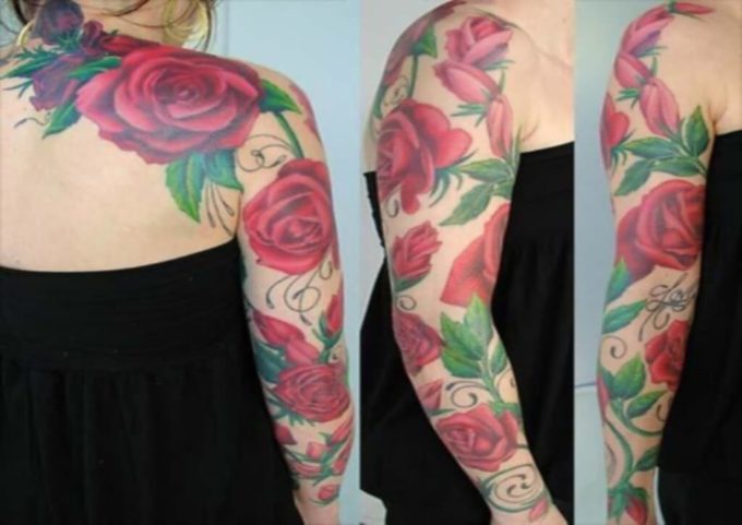 big roses vine tattoo design from back neck to full arm for females