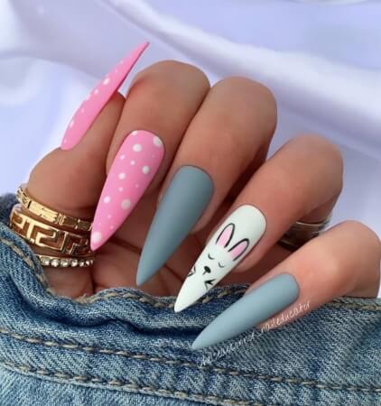 stiletto pink-gray and white easter bunny nails