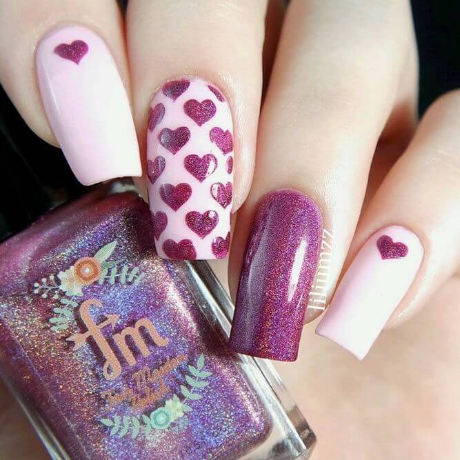 white and plum purple glittery hearts nail art design idea for valentines day