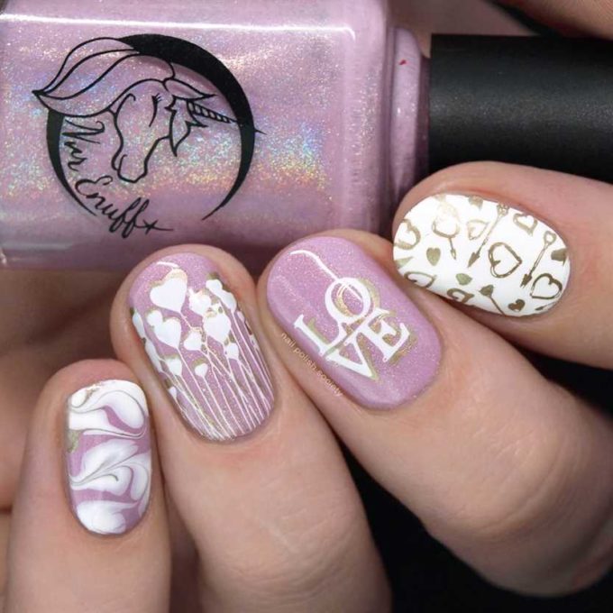 calming purple nails with stamping idea for valentines day