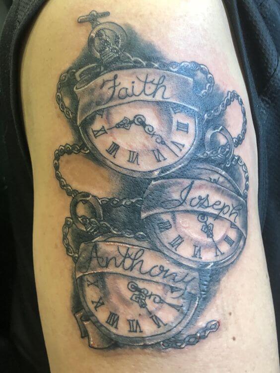3 birth clocks chained with name banner tattoo design idea on half sleeve