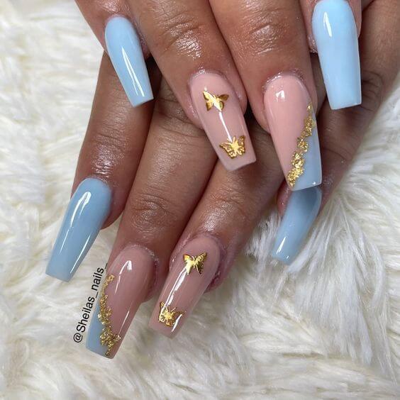 pastel pink and blue with golden butterfly acrylic coffin nail art design idea for spring