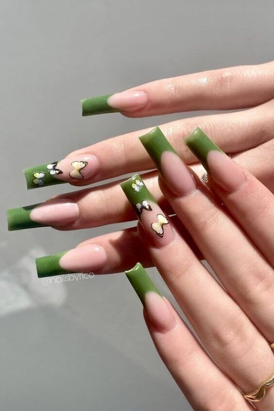 green french tips acrylic coffin butterfly nail art design idea for spring season