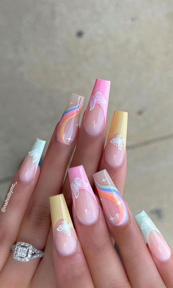 colorful french tips acrylic coffin butterfly nail art design idea for spring-summer season