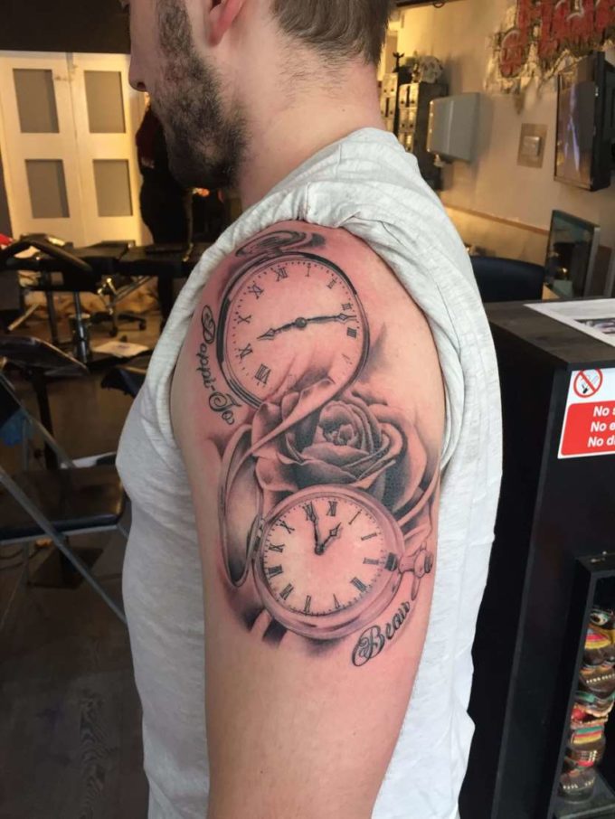 birth clocks with rose tattoo design idea on shoulder for father