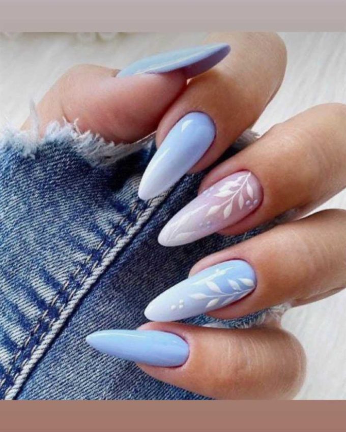 blue and nude floral spring acrylic nails art design idea for 2022