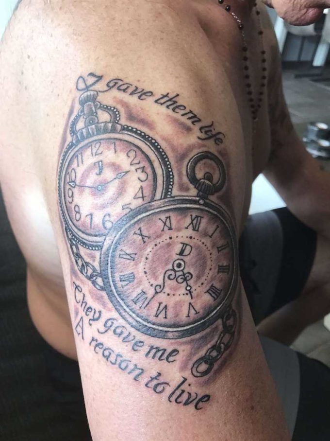 birth clocks and quote tattoo design idea for father on shoulder