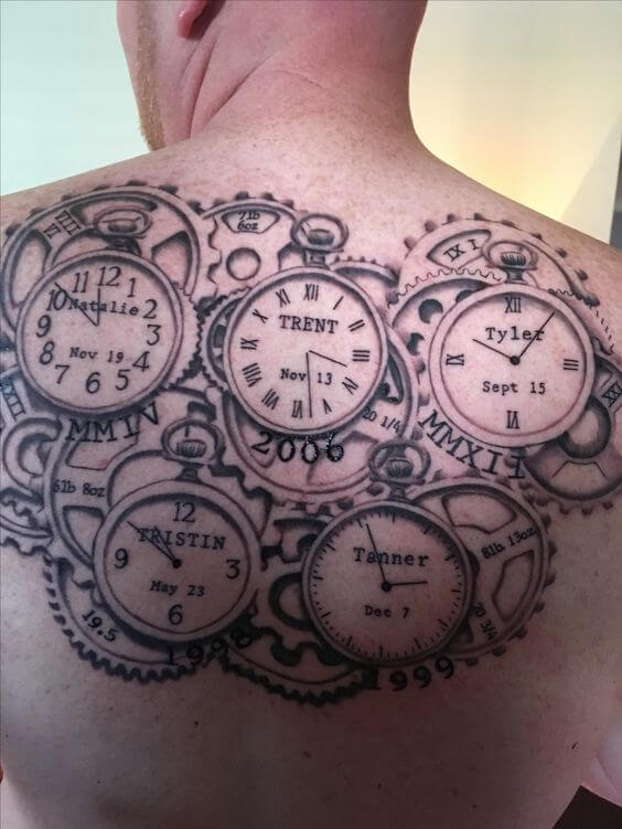 unique birth clocks tattoo designs on back for father with children names