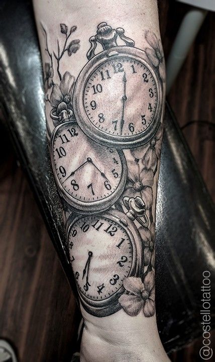 artistic floral and birth clocks tattoo design idea on inner lower arm