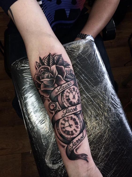 rose floral with name banners and birth clocks tattoo design idea