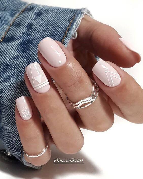 light pink with white geometric spring acrylic nails art design idea for 2022