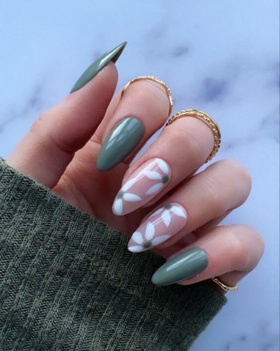 pastel green and nude with white floral spring acrylic nails art design idea for 2022