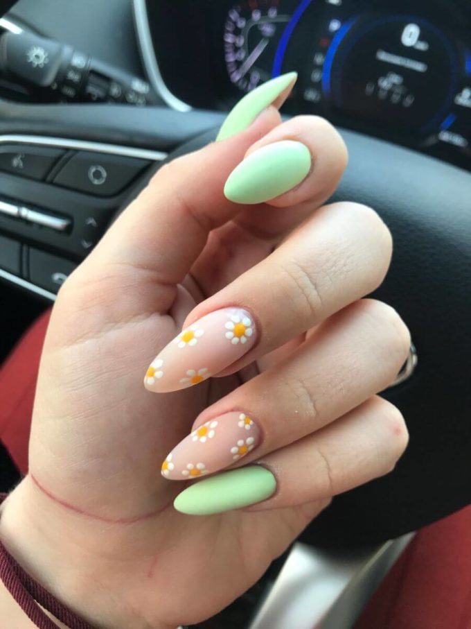 matte green and pink with daisy flowers spring acrylic nails art design idea for 2022