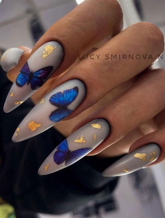 grey with foil effect acrylic coffin butterfly nail art design idea for spring
