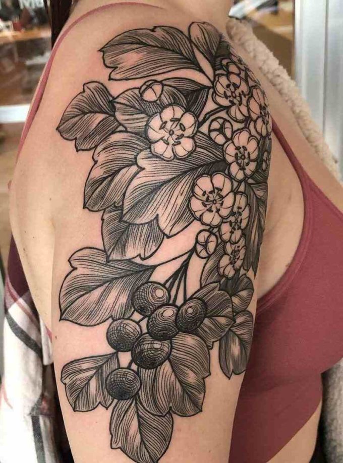 hawthorn may birth flower tattoo design idea on shoulder