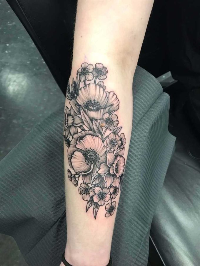 hawthorn may birth flower tattoo design idea on back arm