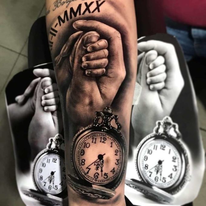 mother and baby holding hand with birth clock and date in roman numerals 3d tattoo design idea