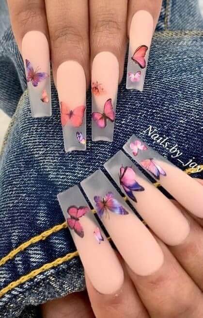 light beige acrylic coffin butterfly nail art designs idea for spring-summer
