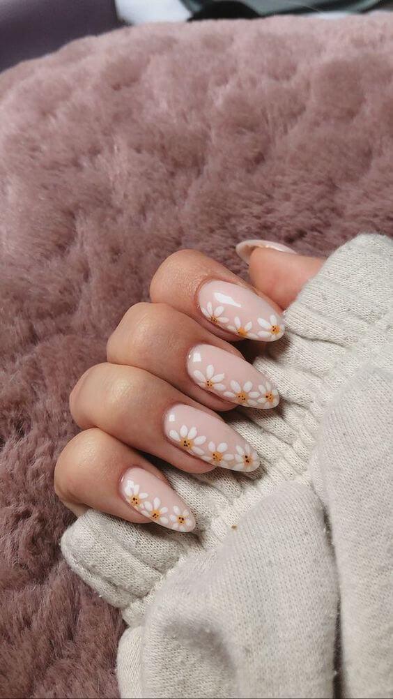 light pink with white floral spring acrylic nails art designs idea for 2022 